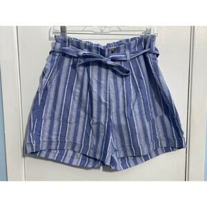 Blue Striped Paperbag Waist Shorts Size Large High Rise Tie Belt Preppy Beachy